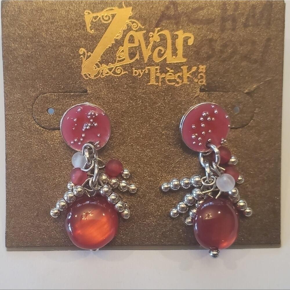 Treska beaded dangle drop charm silver dark pink post earrings